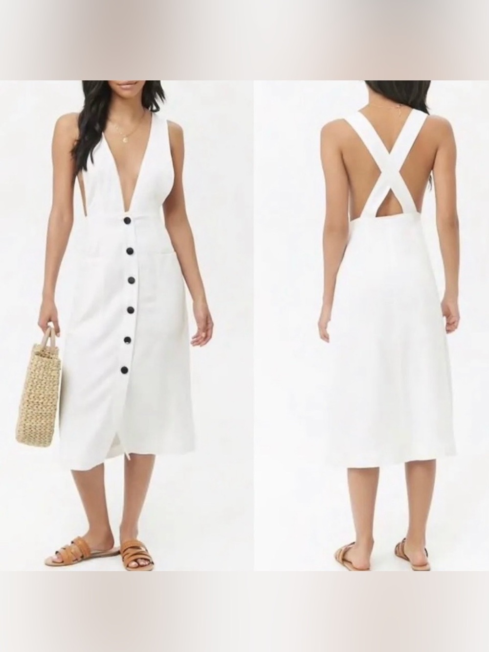 Forever 21 Contemporary Button Front White Midi Apron Style Dress
